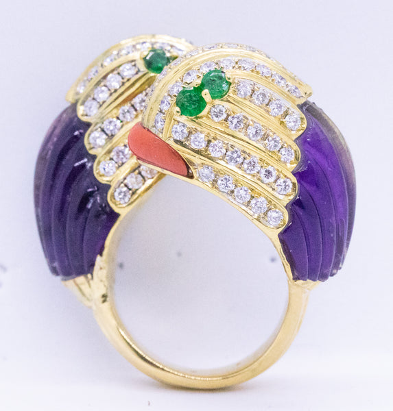 JEWELED PARROTS HEADS CROSS OVER 18 KT RING WITH DIAMONDS