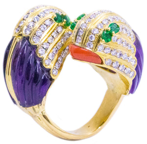 JEWELED PARROTS HEADS CROSS OVER 18 KT RING WITH DIAMONDS