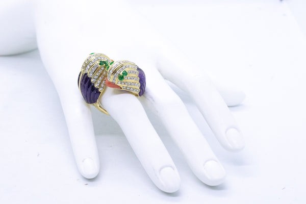 JEWELED PARROTS HEADS CROSS OVER 18 KT RING WITH DIAMONDS