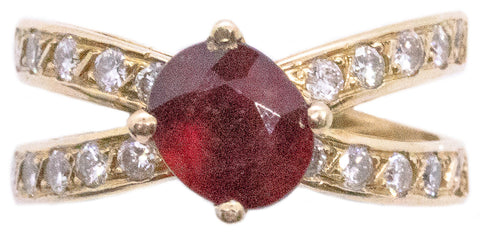 CUSHION CUT RUBY & DIAMONDS 14 KT RING