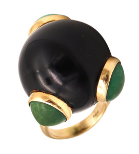 Italian Spatialism 1970 Retro Sculptural Ring In 14Kt Gold With Onyx And Turquoises