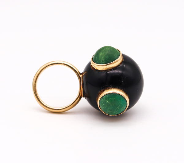 Italian Spatialism 1970 Retro Sculptural Ring In 14Kt Gold With Onyx And Turquoises