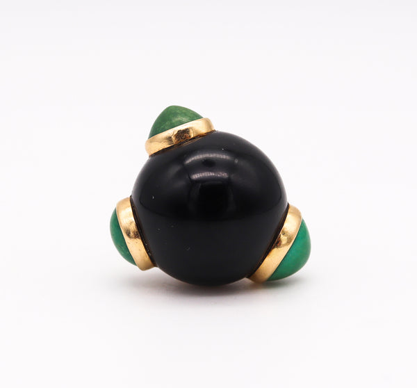 Italian Spatialism 1970 Retro Sculptural Ring In 14Kt Gold With Onyx And Turquoises