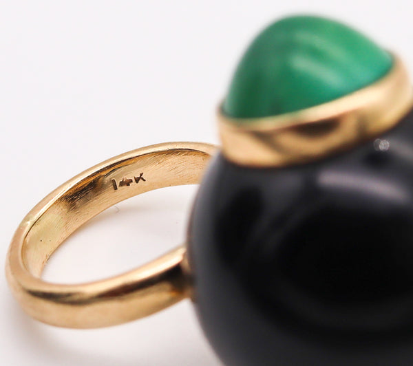 Italian Spatialism 1970 Retro Sculptural Ring In 14Kt Gold With Onyx And Turquoises