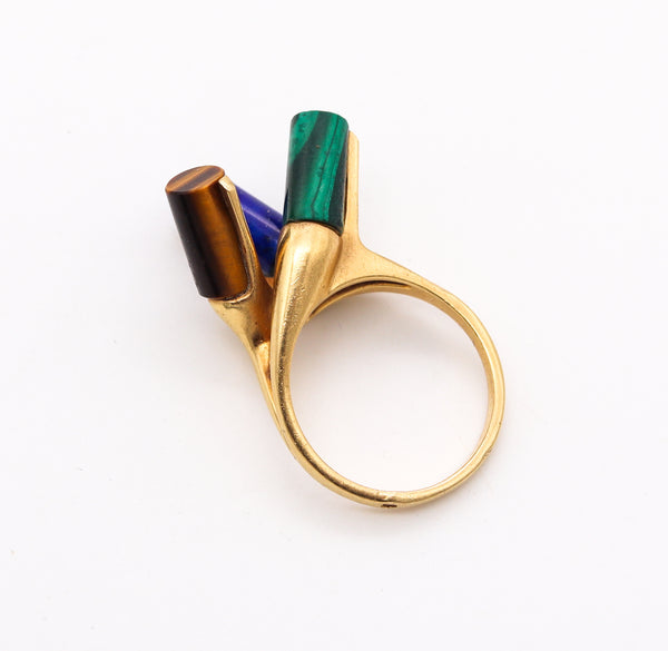 *French 1960 modernist sculptural ring in 18kt Yellow Gold with carved Hard Gemstones