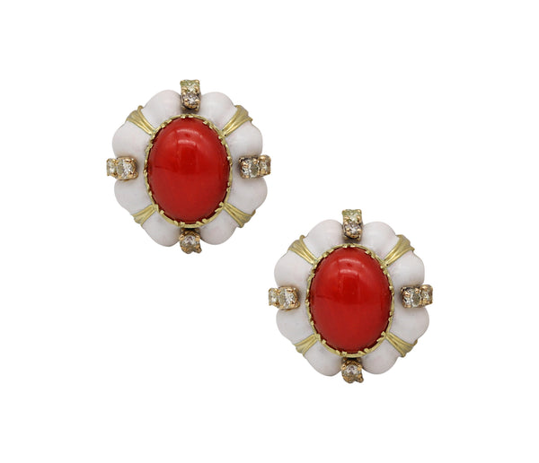 Boris LeBeau 1970 White Enamel Clip Earrings In 18K Gold With 23.12 Ctw In Sardinian Coral And Diamonds