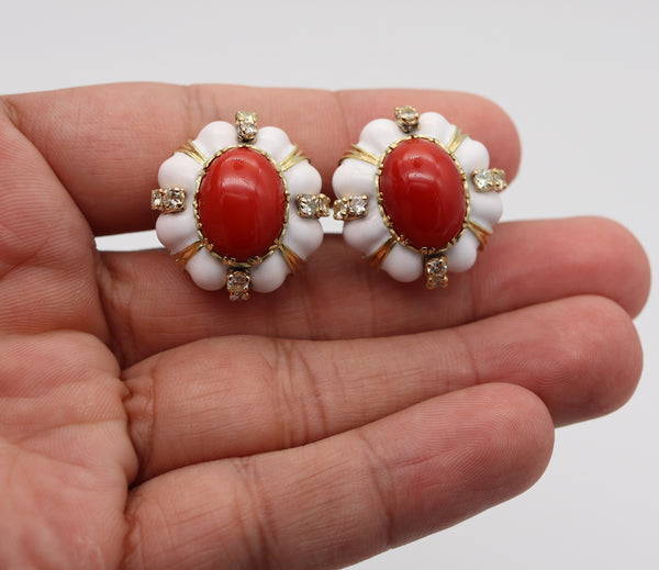 Boris LeBeau 1970 White Enamel Clip Earrings In 18K Gold With 23.12 Ctw In Sardinian Coral And Diamonds