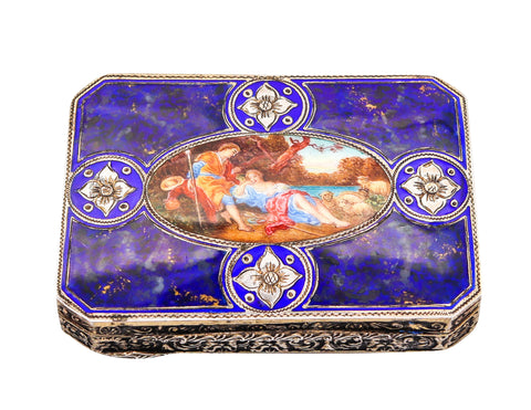 Italian 1920 Renaissance Revival Enameled Octagonal Box In 800 Silver