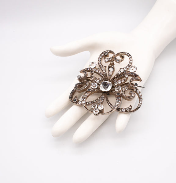 France 1810 Georgian Period Rare Oversized Baroque Brooch In .830 Silver With Quartz And Paste