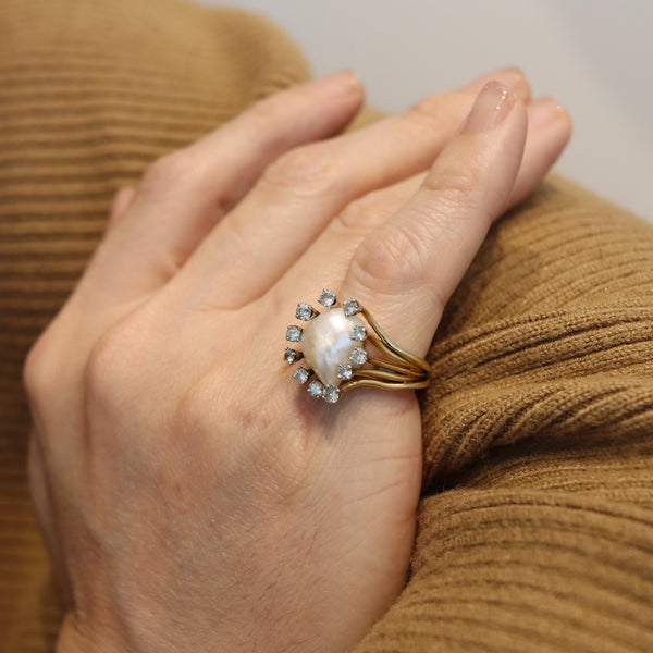 -William Ruser 1950 Cocktail Ring In 18Kt Gold And Platinum With Natural Pearl And Diamonds