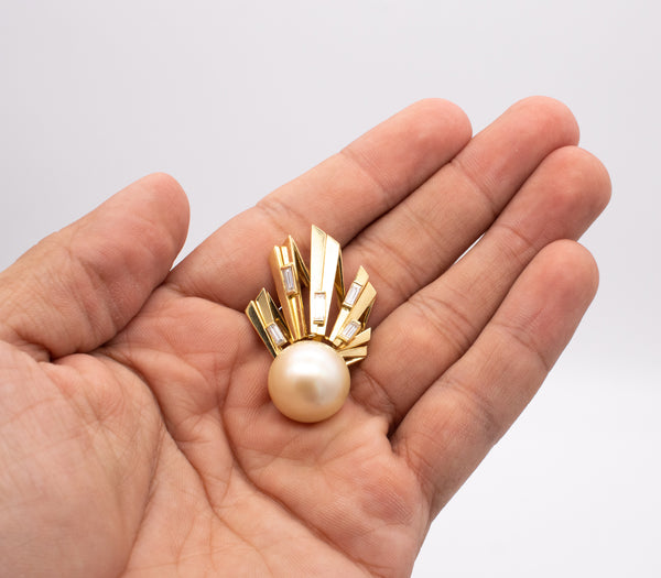 French Geometric Pendant In 18Kt Yellow Gold With VS Diamonds And 17 MM South Sea Pearl
