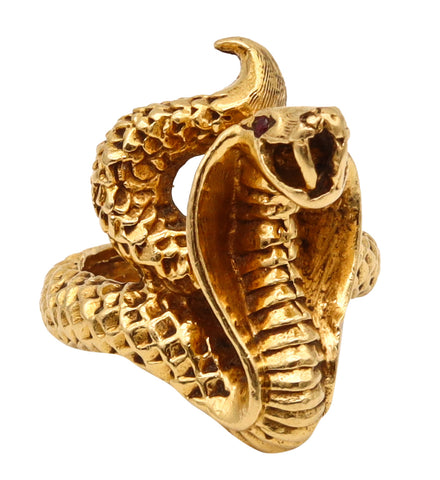 Egyptian Revival 1930 Art Deco Sculpted Cobra Ring In 18Kt Yellow Gold With Rubies