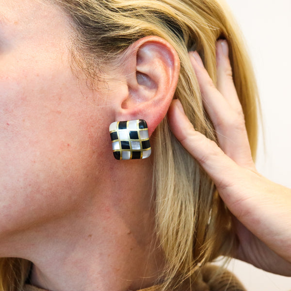 -Angela Cummings 1984 Checkerboard Earrings In 18Kt Gold Black Jade White Nacre