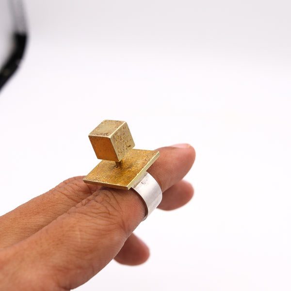 *Bent Exner 1970 Denmark Geometric Sculptural Cocktail Ring in 18 kt gold and Sterling