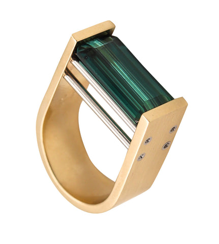 Modernist Geometric Bauhaus Ring In 18Kt Gold And Platinum With 6.87 Cts Indicolite Tourmaline