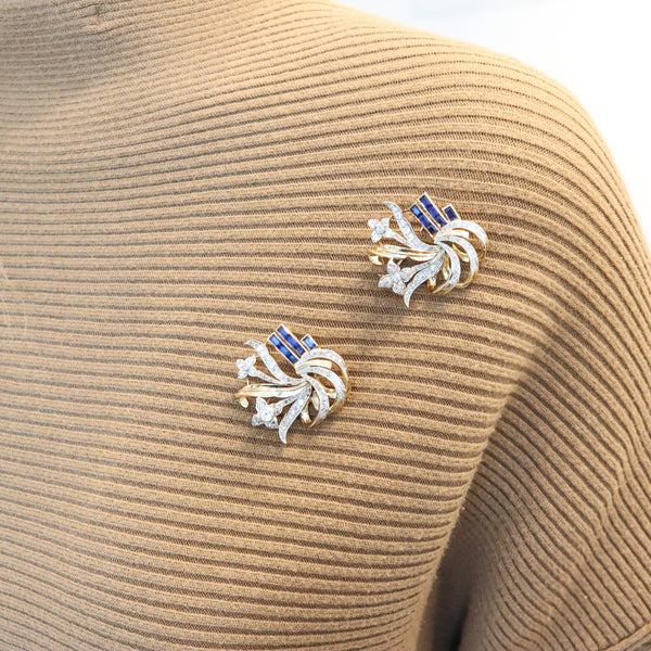 -Art Deco Retro 1935 Convertible Clips In 18Kt Gold With 7.08 Ctw In Diamonds And Spinels