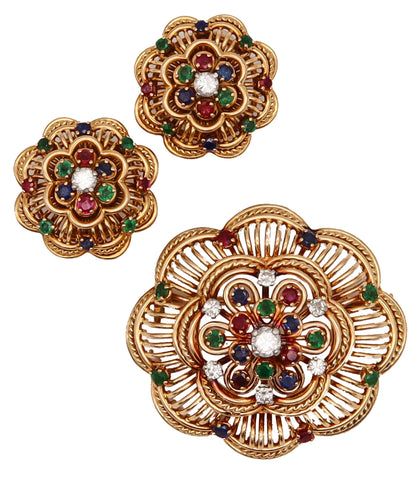 -French Retro 1960 Earrings Brooch Suite In 18Kt Gold With 3.72 Ctw In Diamonds And ColorGemstones