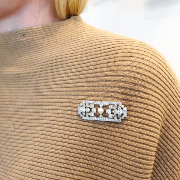 -French 1920 Art Deco Geometric Brooch In Platinum With 10.70 Ctw In Diamonds