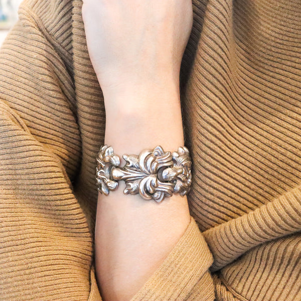 -Mexican 1940 Taxco Studio Repousse Bracelet In .925 Sterling Silver