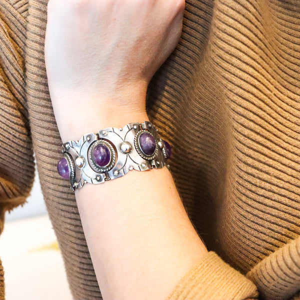 -William Spratling 1933 Taxco Art Deco Geometric Bracelet .980 Silver & Amethyst