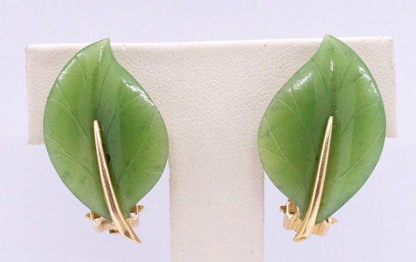 JADE NEPHRITE LEAVES 14 KT GOLD EARRINGS