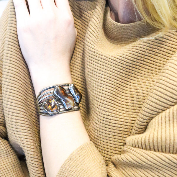 -Native American Southwest Cuff Bracelet In Sterling With Graduated Fire Opal Cabochons