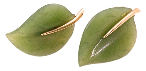 JADE NEPHRITE LEAVES 14 KT GOLD EARRINGS