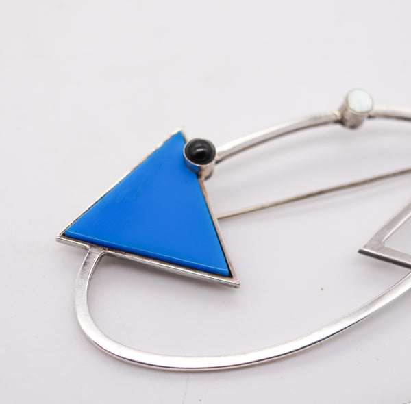 -Mardi Jo Cohen 1989 Memphis Geometric Brooch In .925 Sterling With Gemstones