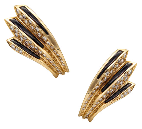 Modernist Sculptural Onyx Clips On Earrings In 18Kt Yellow Gold With 4.68 Cts VS Diamonds