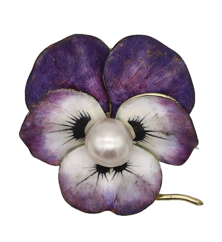 -Art Nouveau Edwardian 1905 Orchid Flower Enameled Pendant Brooch in 14Kt Gold With Natural Pearl