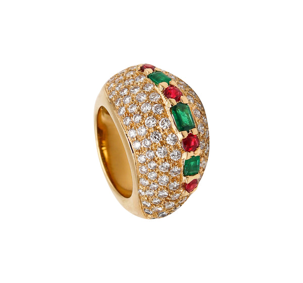 French Modern Cocktail Ring In 18Kt Yellow Gold With 7.32 Cts In Diamonds Emeralds And Rubies