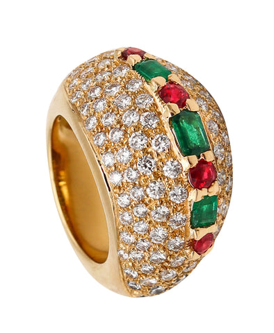 French Modern Cocktail Ring In 18Kt Yellow Gold With 7.32 Cts In Diamonds Emeralds And Rubies