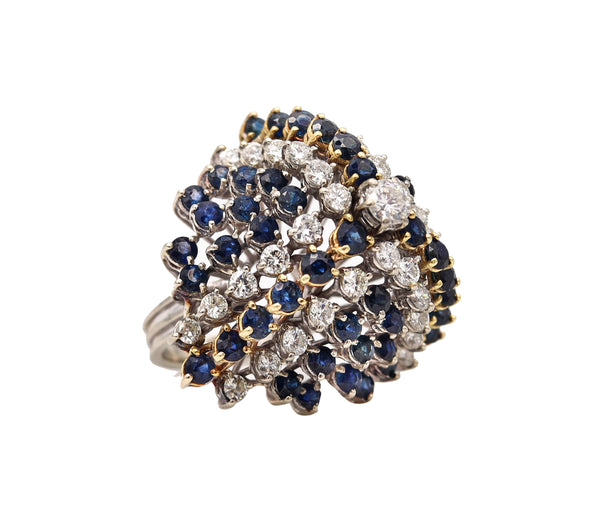 Modernist 1970 Cluster Cocktail Ring In 14Kt Gold With 10.36 Ctw Diamonds and Sapphires