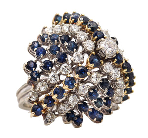 Modernist 1970 Cluster Cocktail Ring In 14Kt Gold With 10.36 Ctw Diamonds and Sapphires