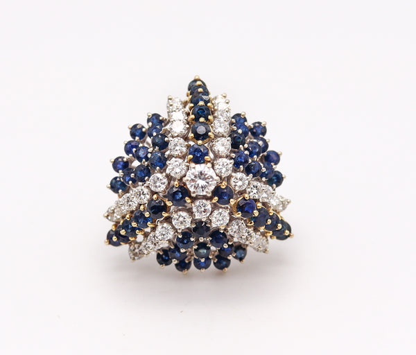 Modernist 1970 Cluster Cocktail Ring In 14Kt Gold With 10.36 Ctw Diamonds and Sapphires