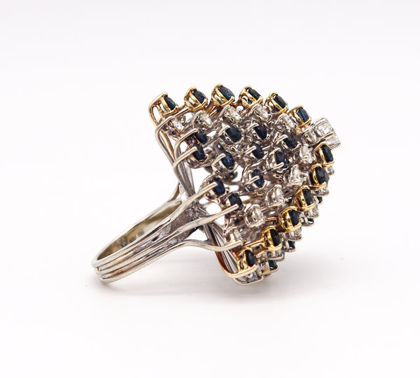 Modernist 1970 Cluster Cocktail Ring In 14Kt Gold With 10.36 Ctw Diamonds and Sapphires