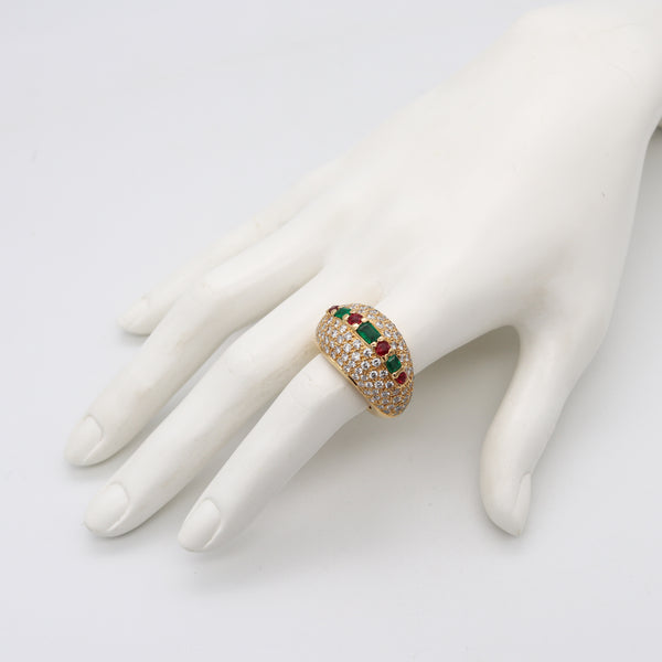 French Modern Cocktail Ring In 18Kt Yellow Gold With 7.32 Cts In Diamonds Emeralds And Rubies