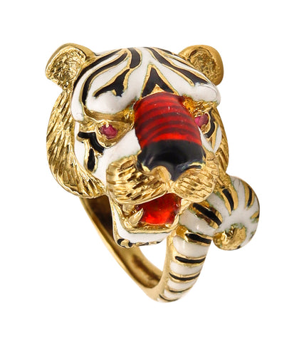 Frascarolo Milano Enameled Tiger Cocktail Ring in 18Kt Yellow Gold With Rubies