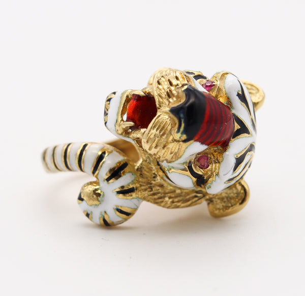 Frascarolo Milano Enameled Tiger Cocktail Ring in 18Kt Yellow Gold With Rubies