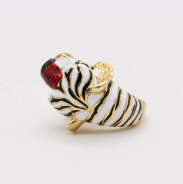 Frascarolo Milano Enameled Tiger Cocktail Ring in 18Kt Yellow Gold With Rubies