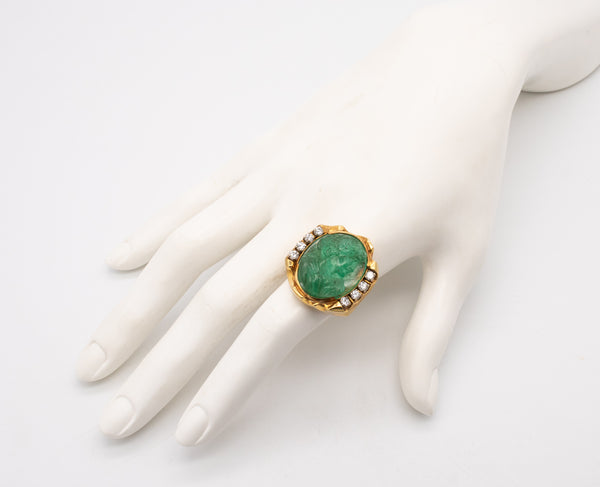 MODERNIST 18 KT COCKTAIL RING WITH 23.79 Ctw IN DIAMONDS & CARVED EMERALD GIA