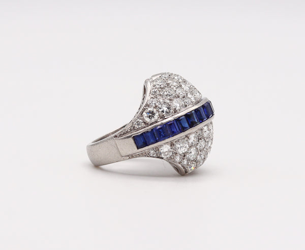 (S)Deco Retro 1940 Cocktail Ring In Platinum With 8.56 Ctw Of Diamonds And Sapphires