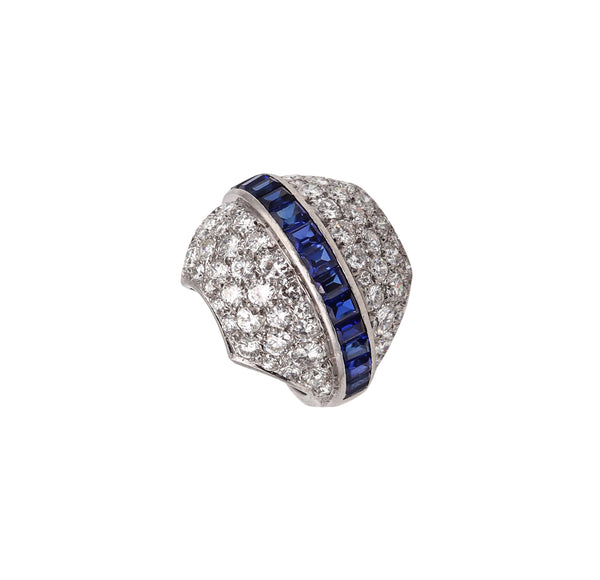 (S)Deco Retro 1940 Cocktail Ring In Platinum With 8.56 Ctw Of Diamonds And Sapphires