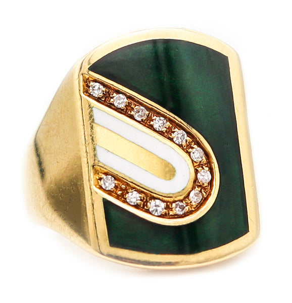 CARTIER 1970 Modernist Enameled Signet Ring In 18Kt Yellow Gold With Diamonds