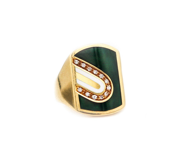 CARTIER 1970 Modernist Enameled Signet Ring In 18Kt Yellow Gold With Diamonds