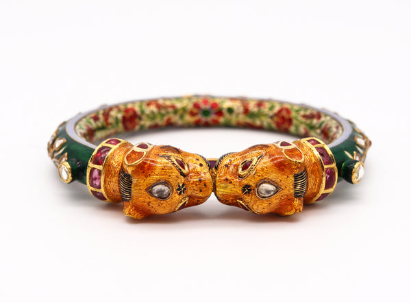 Mughal Empire Vintage Enameled Lions Bracelet In 22Kt Yellow Gold With 8.93 Ctw Diamonds And Rubies