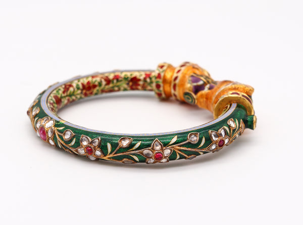 Mughal Empire Vintage Enameled Lions Bracelet In 22Kt Yellow Gold With 8.93 Ctw Diamonds And Rubies