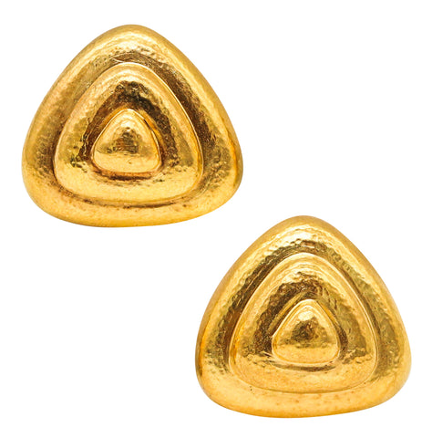 -Zolotas Greece Pyramidal Triangular Clips On Earrings In Solid 22Kt Yellow Gold