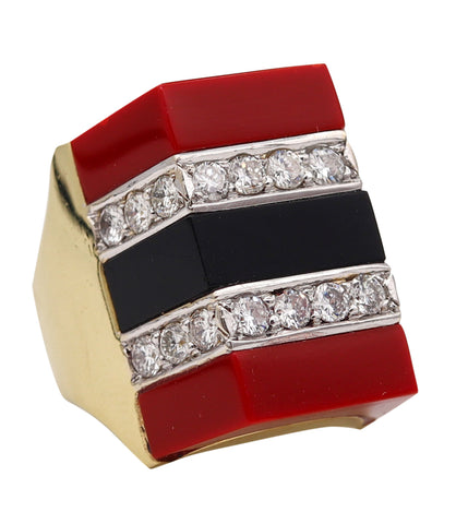 Retro Modern 1970 Geometric Ring In 18Kt Yellow Gold With 1.60 Cts Diamonds Onyx And Jasper