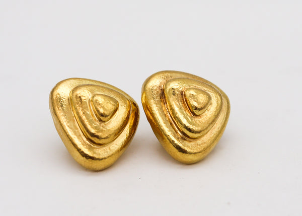 -Zolotas Greece Pyramidal Triangular Clips On Earrings In Solid 22Kt Yellow Gold